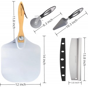 Pizza Oven Accessories 4 PCS, Pizza Kit, Aluminum Pizza Paddle with Foldable Wood Handle, Pizza Cutter, Rocker Blade, Cutter Wheel, Pizza Server, Pizza Peel Set, Pizza Tools