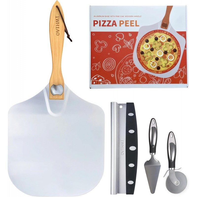 Pizza Oven Accessories 4 PCS, Pizza Kit, Aluminum Pizza Paddle with Foldable Wood Handle, Pizza Cutter, Rocker Blade, Cutter Wheel, Pizza Server, Pizza Peel Set, Pizza Tools