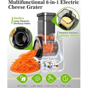 Electric Cheese Grater Rotary Slicer-One-Touch Control Vegetable Slicer, Nuts Grinder Cheese Shredder for Home Kitchen Use, 6 Replaceable Stainless Steel Blades(Black)