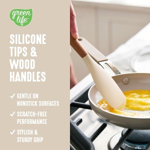 GreenLife 11 Piece Silicone Utensil Crock Set, Nonstick Kitchen Tools, Ladle, Turner, Slotted Turner, Spatula, Spoon, Spaghetti Server, Brush, Whisk, Tongs, Crock, Cream White