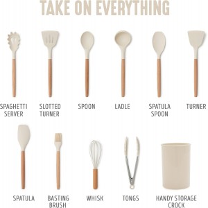 GreenLife 11 Piece Silicone Utensil Crock Set, Nonstick Kitchen Tools, Ladle, Turner, Slotted Turner, Spatula, Spoon, Spaghetti Server, Brush, Whisk, Tongs, Crock, Cream White