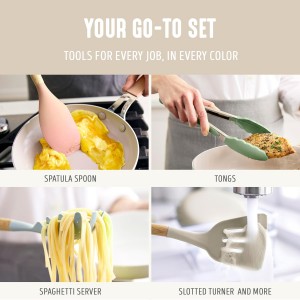 GreenLife 11 Piece Silicone Utensil Crock Set, Nonstick Kitchen Tools, Ladle, Turner, Slotted Turner, Spatula, Spoon, Spaghetti Server, Brush, Whisk, Tongs, Crock, Cream White