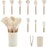 GreenLife 11 Piece Silicone Utensil Crock Set, Nonstick Kitchen Tools, Ladle, Turner, Slotted Turner, Spatula, Spoon, Spaghetti Server, Brush, Whisk, Tongs, Crock, Cream White