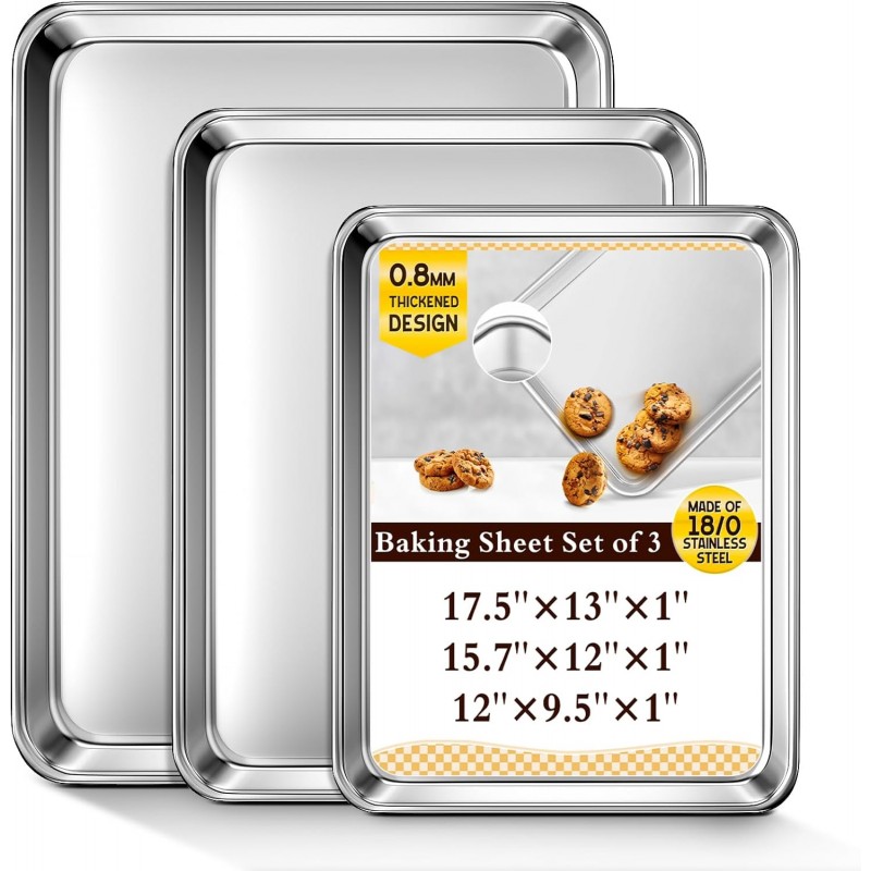 Baking Sheet Set of 3, Commercial Grade Stainless Steel Cookie Sheets for Baking, 12/16/17.5 Inch, Thicker and Firmer Baking Pans Set, Rust & Warp Resistant & Nonstick, Nontoxic&Heavy Duty&Easy Clean