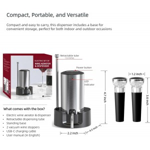 Rechargeable Electric Wine Aerator and Dispenser Set, Electric Wine Decanter with 2 Vacuum Wine Stoppers, Charging Base, Stainless Steel, Wine Pourer