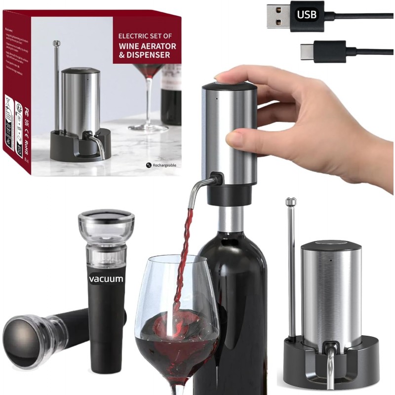 Rechargeable Electric Wine Aerator and Dispenser Set, Electric Wine Decanter with 2 Vacuum Wine Stoppers, Charging Base, Stainless Steel, Wine Pourer