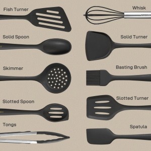 CAROTE Kitchen Utensil Set for Nonstick Cookware - 446°F Heat Resistant Silicone Cooking Utensils Set 10pcs, Dark Grey, Oderless Spatula, Turner