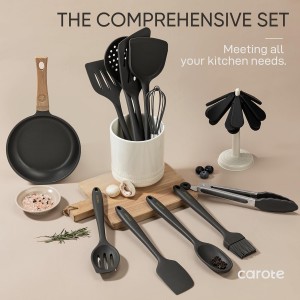 CAROTE Kitchen Utensil Set for Nonstick Cookware - 446°F Heat Resistant Silicone Cooking Utensils Set 10pcs, Dark Grey, Oderless Spatula, Turner