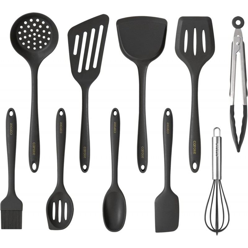 CAROTE Kitchen Utensil Set for Nonstick Cookware - 446°F Heat Resistant Silicone Cooking Utensils Set 10pcs, Dark Grey, Oderless Spatula, Turner