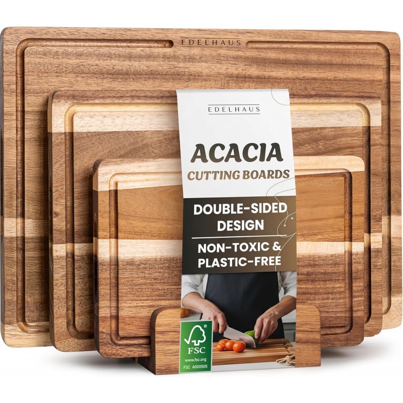 Acacia Wood Cutting Board for Kitchen, Non-Toxic Cutting Board Set of 3, Chopping Boards with Deep Juice Groove for Meat, Cheese & Vegetables - Durable & Double sided with serving Compartments