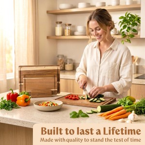 Acacia Wood Cutting Board for Kitchen, Non-Toxic Cutting Board Set of 3, Chopping Boards with Deep Juice Groove for Meat, Cheese & Vegetables - Durable & Double sided with serving Compartments