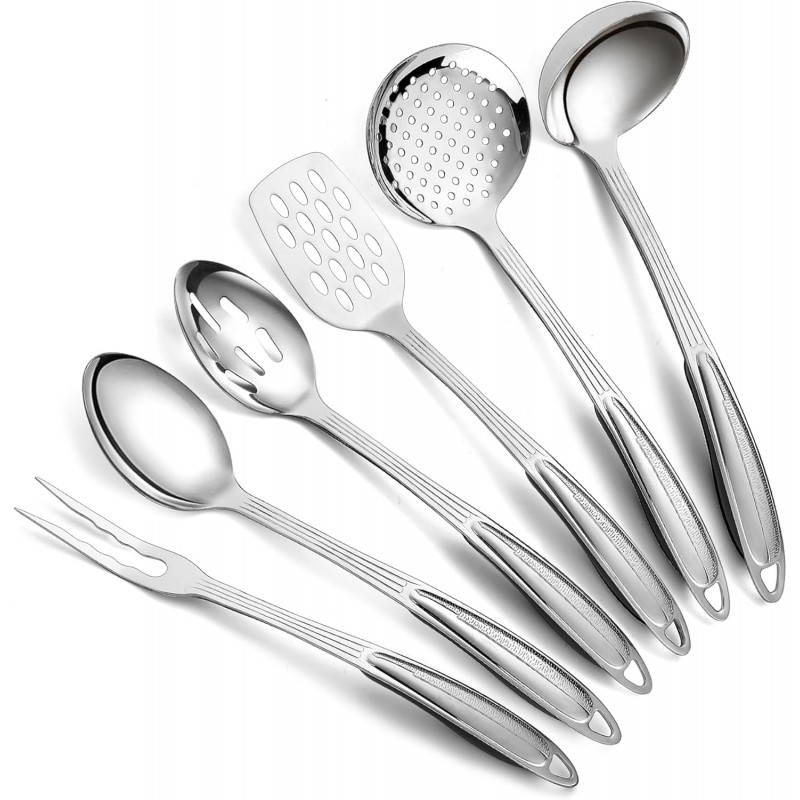 Berglander Stainless Steel Kitchen Utensils Set 6 Pcs, Cooking Utensil Sets, Kitchen Gadgets Essentials Include Metal Spatula Set, Skimmer, Ladle, Serving Spoon, Slotted Spoon, Carving Fork