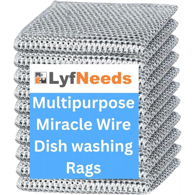 Non Scratch Wire Dishwashing Rag, 8 Pack Double Layer Reusable Wire Dishcloth, Silver Mesh Metal Cleaning Cloth for Pots, Pans, Sink, Steel Cookware, Wet & Dry Cleaning