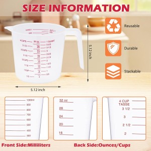 8 Pcs 4 Cup Capacity Plastic Measuring Cup, 32 Oz/1000 ml Clear Graduated Measuring Cups Plastic Mug with Spout and Handles Ounce and Ml Cup Marking for Recipe Ingredient, Flour, Water, Liquid