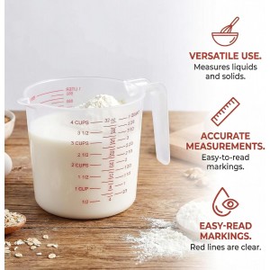 8 Pcs 4 Cup Capacity Plastic Measuring Cup, 32 Oz/1000 ml Clear Graduated Measuring Cups Plastic Mug with Spout and Handles Ounce and Ml Cup Marking for Recipe Ingredient, Flour, Water, Liquid