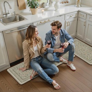 KIMODE Anti Fatigue Kitchen Mats for Floor, Boho Floral Kitchen Rugs Sets of 2, Cushioned Kitchen Floor Mats Non Slip, Comfort Spring Rugs for Kitchen Floor Sink Laundry Desk Beige 17.3