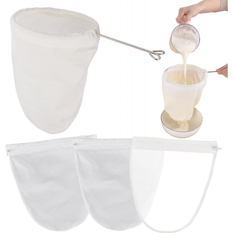 5 Pcs Premium Ultra Fine Mesh Strainer Bags with Stainless Steel Handle, Reusable Nut Milk Bags, Cheese Cloths for Straining Juice, NutMilk, Coffee, Thai Tea, Yogurt and Soup (Small)