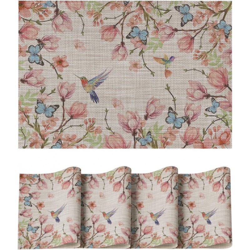 Artoid Mode Birds Flower Butterfly Placemats Set of 4, 12x18 Inch Plastic Woven Wipeable Non-Slip PVC Place Mats for Party Kitchen Dining Decor