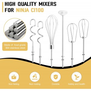 Hand Mixer Beater, Whisk, Dough Hook and Blending Rod for Ninja Foodi Power Mixer System CI100 Series, Hand Mixer Attachment Replacement Accessories CI100, CI101, CC105A, CI105BRN & CI101H, 6 Pcs