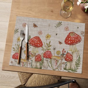 Artoid Mode Beige Mushroom Moth Flowers Placemats Set of 4, 12x18 Inch Plastic Woven Wipeable Non-Slip PVC Place Mats for Party Kitchen Dining Decor