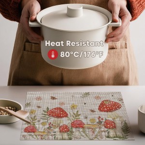 Artoid Mode Beige Mushroom Moth Flowers Placemats Set of 4, 12x18 Inch Plastic Woven Wipeable Non-Slip PVC Place Mats for Party Kitchen Dining Decor