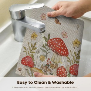 Artoid Mode Beige Mushroom Moth Flowers Placemats Set of 4, 12x18 Inch Plastic Woven Wipeable Non-Slip PVC Place Mats for Party Kitchen Dining Decor