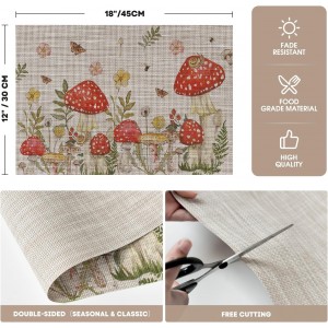 Artoid Mode Beige Mushroom Moth Flowers Placemats Set of 4, 12x18 Inch Plastic Woven Wipeable Non-Slip PVC Place Mats for Party Kitchen Dining Decor