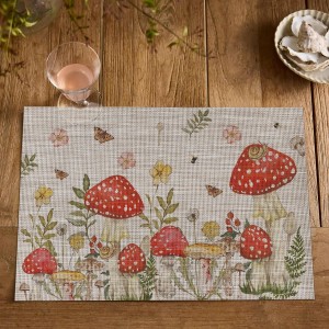 Artoid Mode Beige Mushroom Moth Flowers Placemats Set of 4, 12x18 Inch Plastic Woven Wipeable Non-Slip PVC Place Mats for Party Kitchen Dining Decor