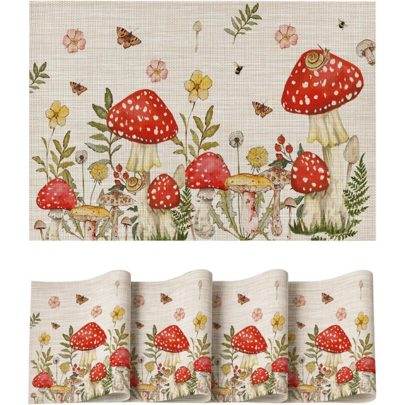 Artoid Mode Beige Mushroom Moth Flowers Placemats Set of 4, 12x18 Inch Plastic Woven Wipeable Non-Slip PVC Place Mats for Party Kitchen Dining Decor