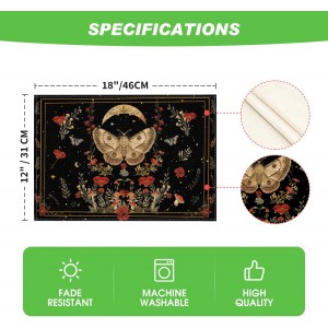 Artoid Mode Black Poppy Moth Moon Placemats Set of 4, 12x18 Inch Floral Spring Table Mats for Outdoor Home Party Kitchen Dining Decor