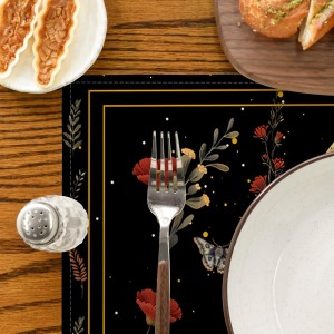 Artoid Mode Black Poppy Moth Moon Placemats Set of 4, 12x18 Inch Floral Spring Table Mats for Outdoor Home Party Kitchen Dining Decor