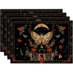 Artoid Mode Black Poppy Moth Moon Placemats Set of 4, 12x18 Inch Floral Spring Table Mats for Outdoor Home Party Kitchen Dining Decor