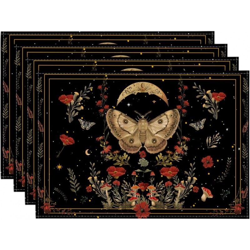 Artoid Mode Black Poppy Moth Moon Placemats Set of 4, 12x18 Inch Floral Spring Table Mats for Outdoor Home Party Kitchen Dining Decor