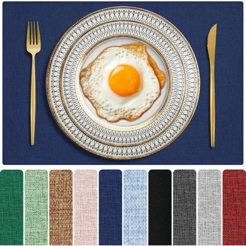 Cloth Placemats Set of 6, Cotton Linen Blend Machine Washable Double Layered Durable Place Mats Heat Resistant Placemats Wrinkle Free Thick Fabric Dining Table Mats (Navy Blue, 6)