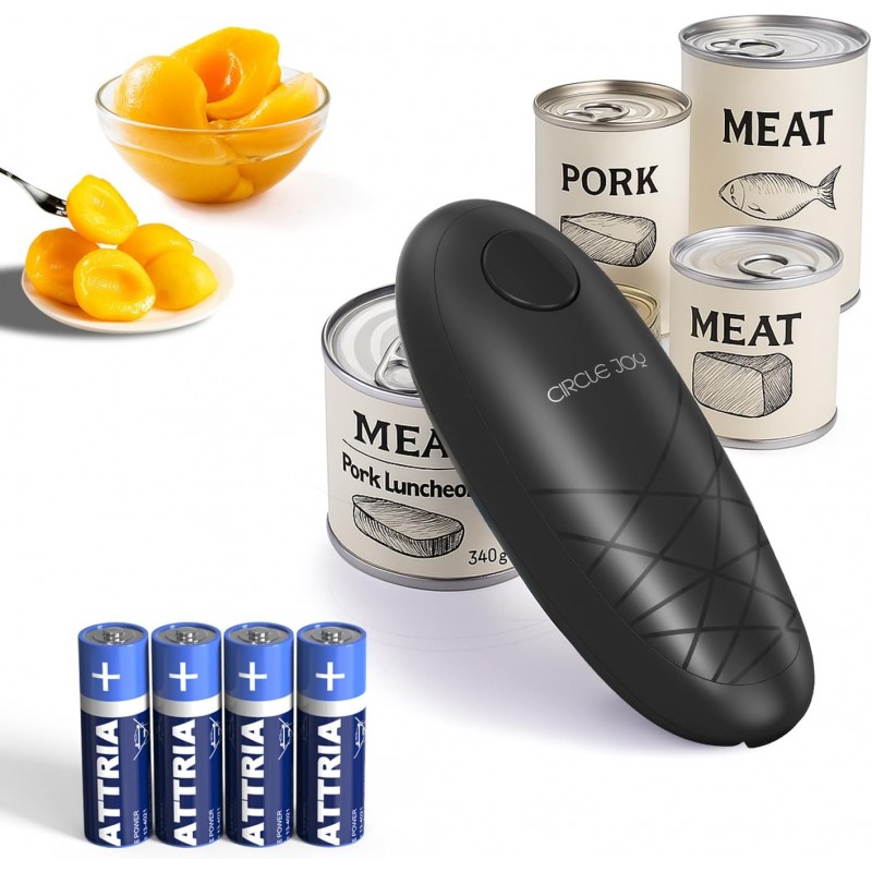 CIRCLE JOY Electric Can Opener, One-Touch Automatic Can Opening with Smooth Edges, Food Safety Handheld Battery-Operated Can Opener for Kitchen and Seniors, Black