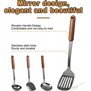 FJNATINH Stainless Steel Wok Spatula,Slotted Spatulas,Ladle,Skimmer Ladle Tool Set,Mirror Polished Cooking Utensils Kitchen Cookware, Pack of 4,Black