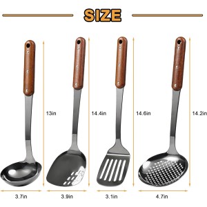 FJNATINH Stainless Steel Wok Spatula,Slotted Spatulas,Ladle,Skimmer Ladle Tool Set,Mirror Polished Cooking Utensils Kitchen Cookware, Pack of 4,Black