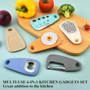 Kitchen Gadgets Set 6 Pieces, Space Saving Cooking Tools Kitchen Accessories-Garlic/Ginger Grinder, Cheese Grater, Vegetable/Fruit Peeler, Pizza Cutter, Herb Stripper, Bottle Opener, Gadgets Gift Set