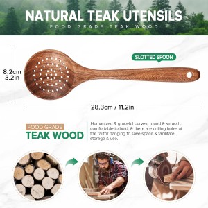 Wooden Cooking Utensil, Teak Slotted Spoon for Cooking, Natural Wood Colander Ladle Spoon with Holes, Long Handle Teak Skimmer Strainer Spoon with Teeth for Straining Draining Egg Meat Noodles,11.2″