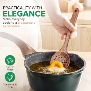 Wooden Cooking Utensil, Teak Slotted Spoon for Cooking, Natural Wood Colander Ladle Spoon with Holes, Long Handle Teak Skimmer Strainer Spoon with Teeth for Straining Draining Egg Meat Noodles,11.2″