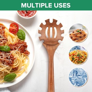 Wooden Pasta Spaghetti Spoon with Teeth, Teak Slotted Pasta Spaghetti Strainer Spoon for Cooking Serving Collecting, Wooden Pasta Fork Server Utensil with Claws, Wood Noodle Strainer,12.8″, Brown