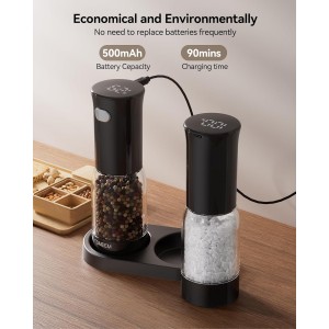 TOMEEM Electric Salt and Pepper Grinder Set – Rechargeable with LED Power Indicator, 5-Level Adjustable Grinding, LED Light, 4.5oz Large Capacity Salt and Pepper Shakers with Storage Base