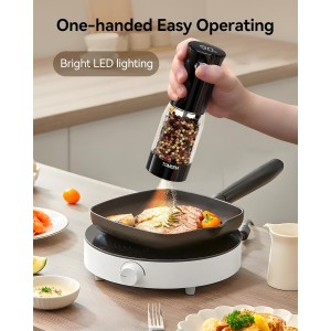 TOMEEM Electric Salt and Pepper Grinder Set – Rechargeable with LED Power Indicator, 5-Level Adjustable Grinding, LED Light, 4.5oz Large Capacity Salt and Pepper Shakers with Storage Base