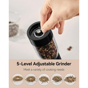TOMEEM Electric Salt and Pepper Grinder Set – Rechargeable with LED Power Indicator, 5-Level Adjustable Grinding, LED Light, 4.5oz Large Capacity Salt and Pepper Shakers with Storage Base
