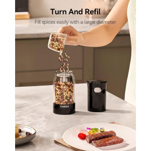 TOMEEM Electric Salt and Pepper Grinder Set – Rechargeable with LED Power Indicator, 5-Level Adjustable Grinding, LED Light, 4.5oz Large Capacity Salt and Pepper Shakers with Storage Base
