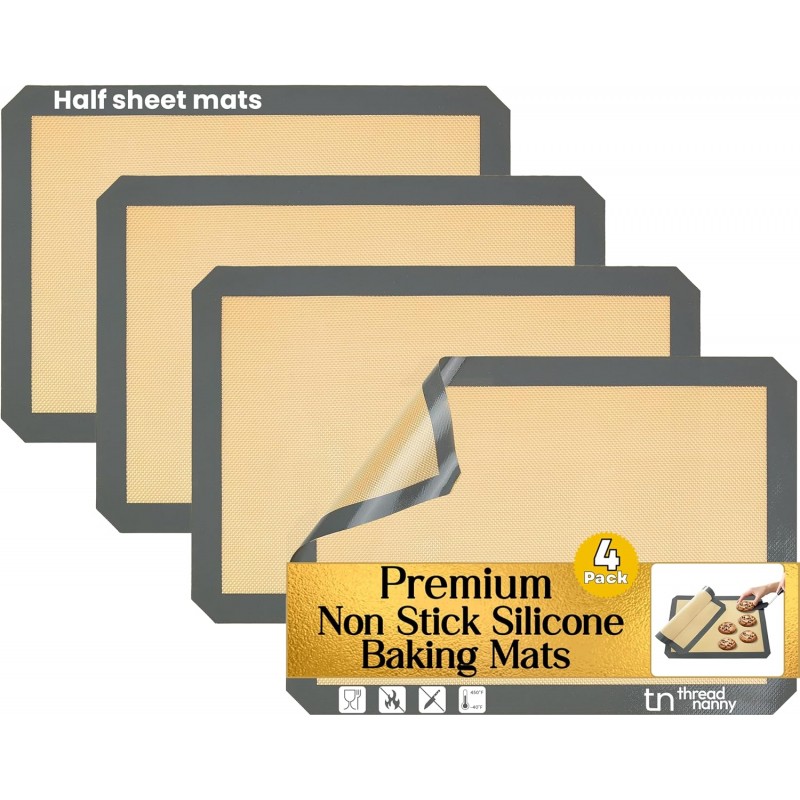 Silicone Baking Mats Half Sheet Non Stick for Oven Reusable 4 Pack - Thick Heavy Duty Silicone Baking Mat Cookie Sheet 1/2 Size for Macaron & Pastry - Half Size Rectangular Cooking Oven Liner Pad