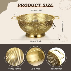 Norme 4 Quart Stainless Steel Gold Colander and 3 Pcs Gold Fine Mesh Strainer, Stainless Steel Pasta Rice Food Metal Strainer with Handles, Easy Clean and Dishwasher Safe