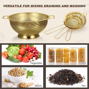 Norme 4 Quart Stainless Steel Gold Colander and 3 Pcs Gold Fine Mesh Strainer, Stainless Steel Pasta Rice Food Metal Strainer with Handles, Easy Clean and Dishwasher Safe