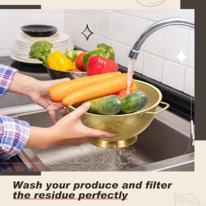 Norme 4 Quart Stainless Steel Gold Colander and 3 Pcs Gold Fine Mesh Strainer, Stainless Steel Pasta Rice Food Metal Strainer with Handles, Easy Clean and Dishwasher Safe