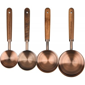 Smithcraft Copper Measuring Cups & Spoons Set 8, Stainless Steel Measuring Cups and Spoons Set for Baking and Kitchen, Metric & US Metal Measure Cup & Spoon with Wood Handle for Dry & Liquid